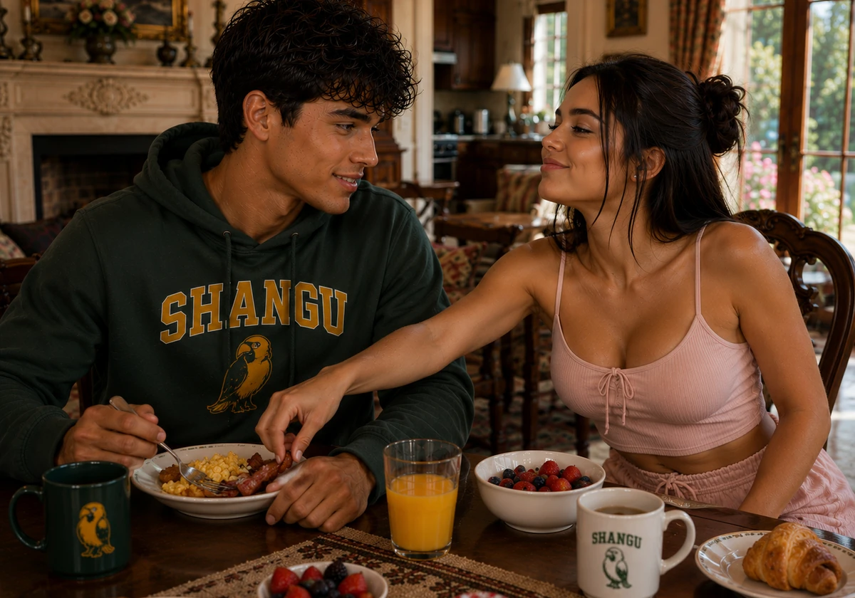 Chase and Gabrielle sharing breakfast at Carmichael Manor